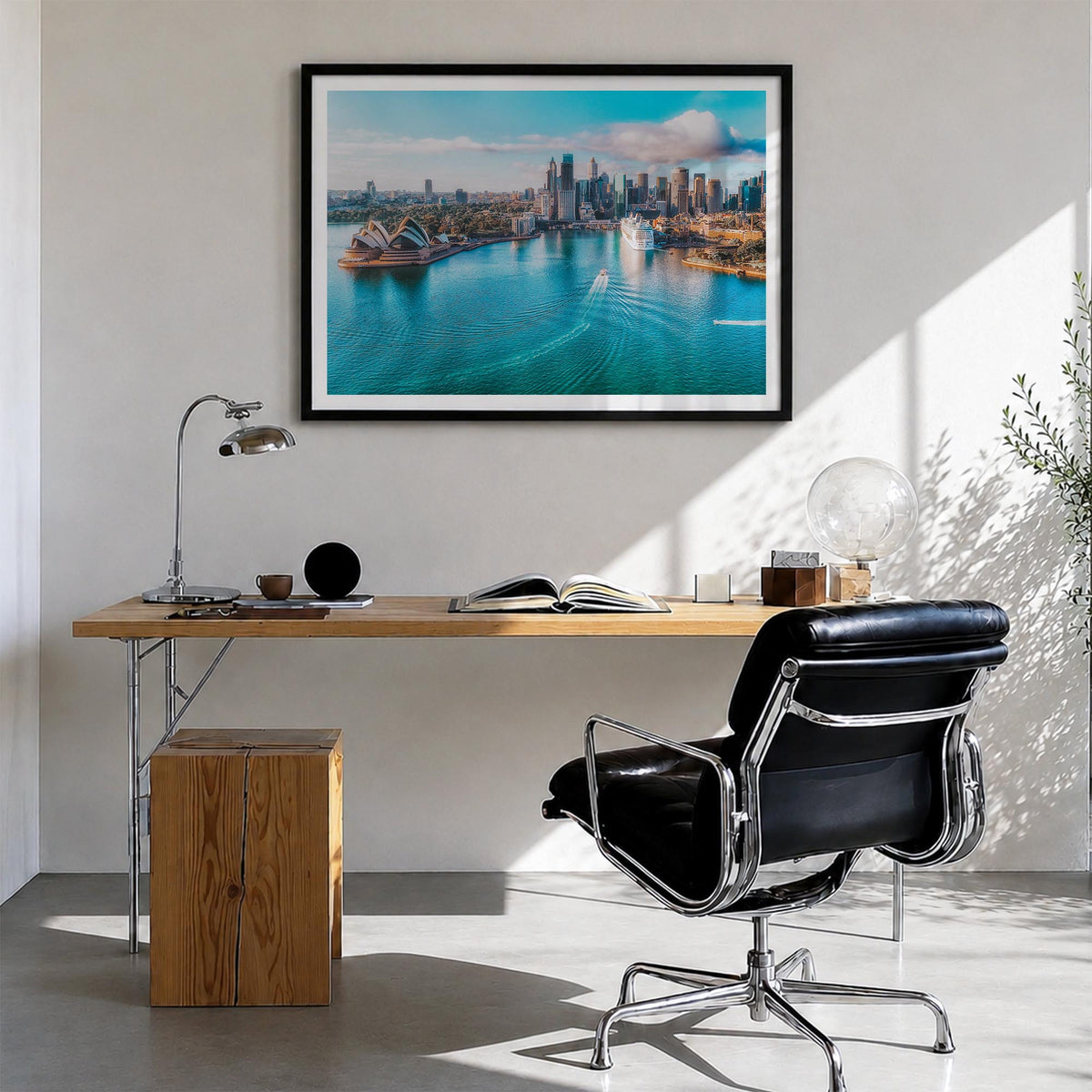 Australia colorful photo poster of Oceania – horizontal wall art in black wood frame with white border, hanging on wall