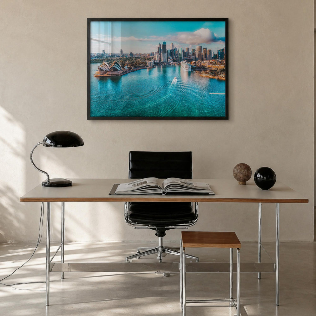 Australia colorful photo poster of Oceania – horizontal wall art in black wood frame, hanging on wall