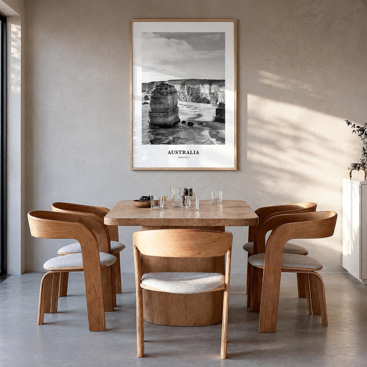 Australia no. 1 black & white classic poster of Oceania – vertical wall art in natural wood frame, hanging on wall