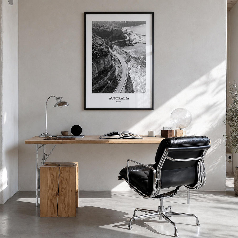 Australia no. 2 black & white classic poster of Oceania – vertical wall art in black wood frame, hanging on wall
