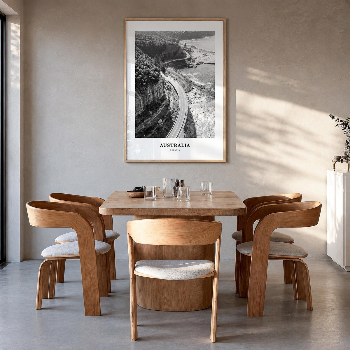 Australia no. 2 black & white classic poster of Oceania – vertical wall art in natural wood frame, hanging on wall