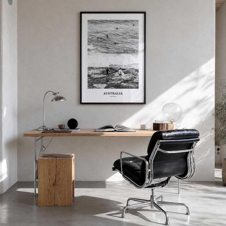 Australia no. 3 black & white classic poster of Oceania – vertical wall art in black wood frame, hanging on wall