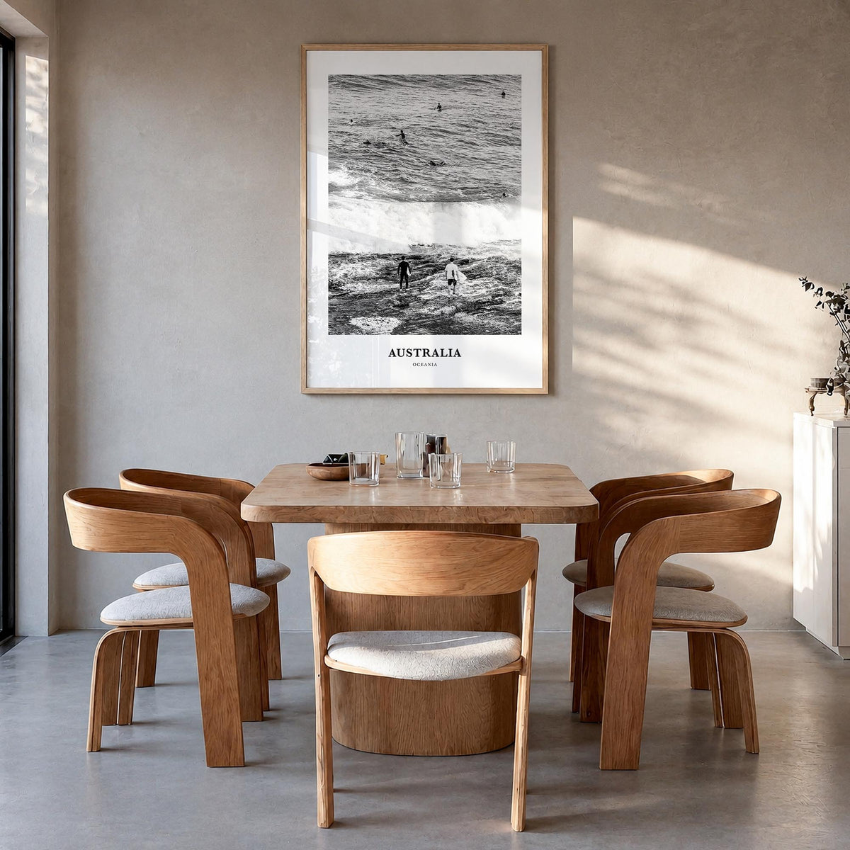 Australia no. 3 black & white classic poster of Oceania – vertical wall art in natural wood frame, hanging on wall