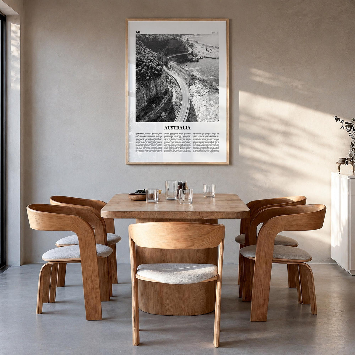 Australia no. 3 black & white newspaper poster of Oceania – vertical wall art in natural wood frame, hanging on wall