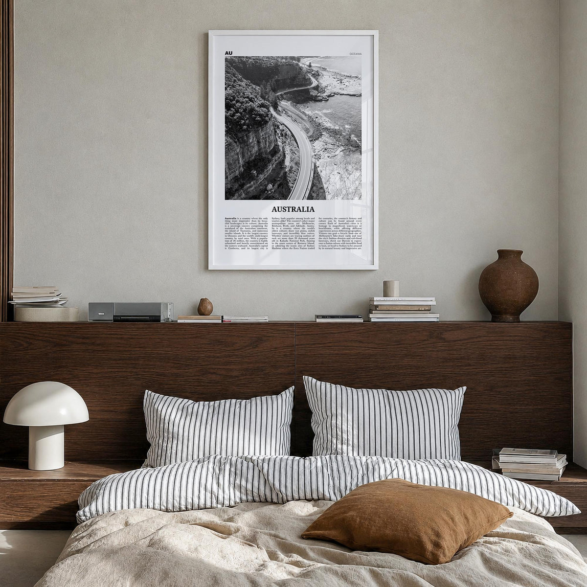 Australia no. 3 black & white newspaper poster of Oceania – vertical wall art in white wood frame, hanging on wall