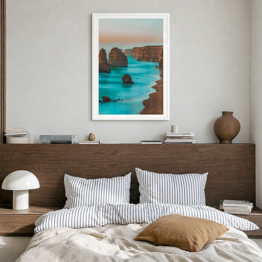 Australia Photo Poster in a white wood frame, hanging in a bedroom, white border