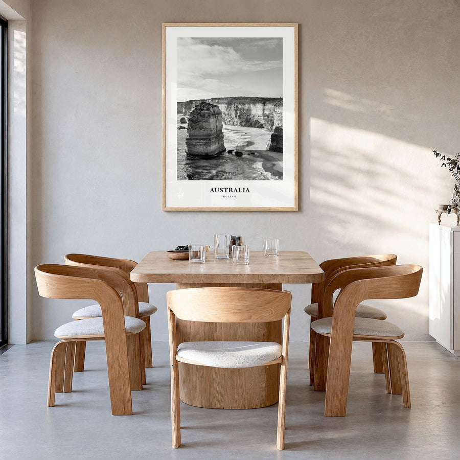 Australia Classic No 1 Poster in a natural wood frame, hanging in a dining room