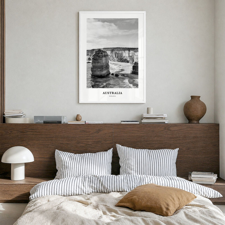 Australia Classic No 1 Poster in a white wood frame, hanging in a bedroom
