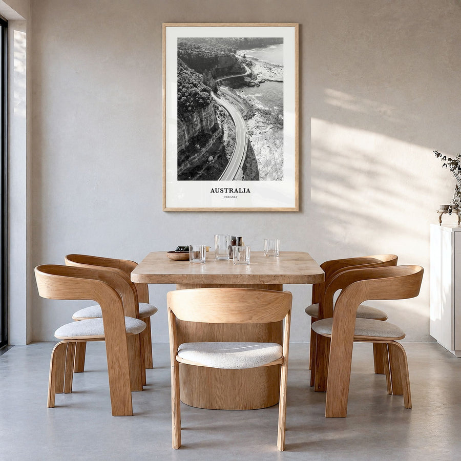 Australia Classic No 2 Poster in a natural wood frame, hanging in a dining room