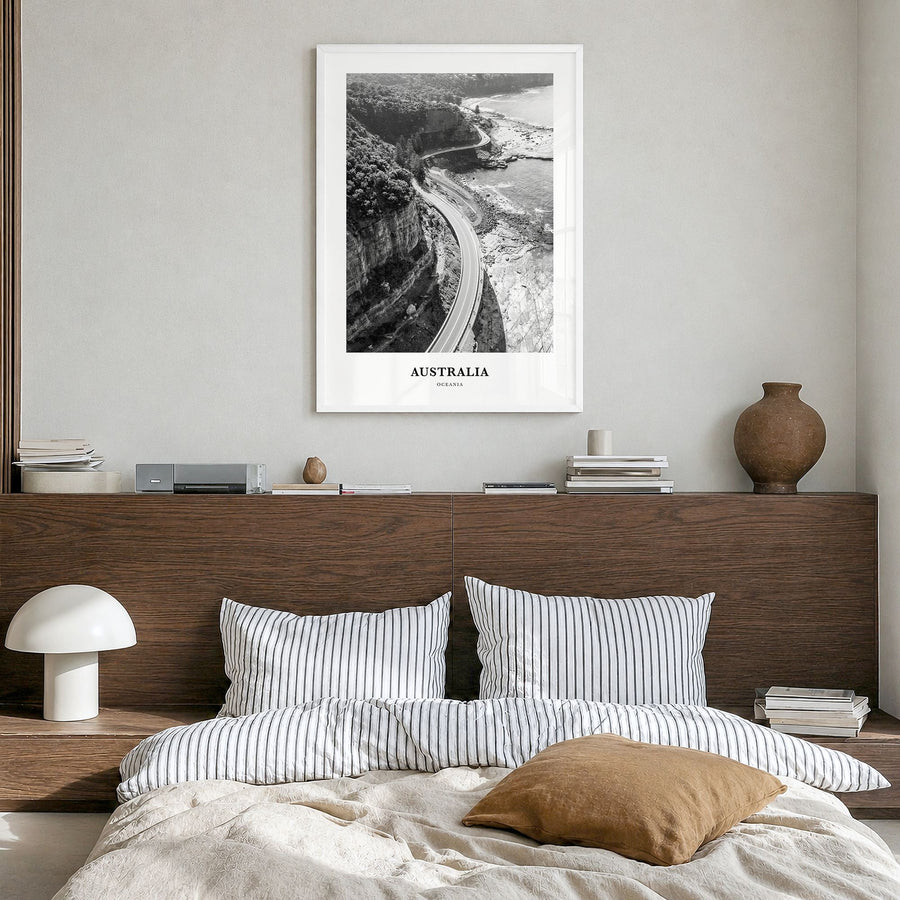 Australia Classic No 2 Poster in a white wood frame, hanging in a bedroom