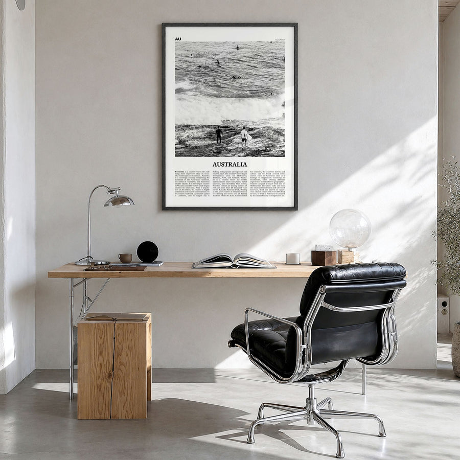 Australia Newspaper No 1 Poster in a black wood frame, hanging in a bright home office