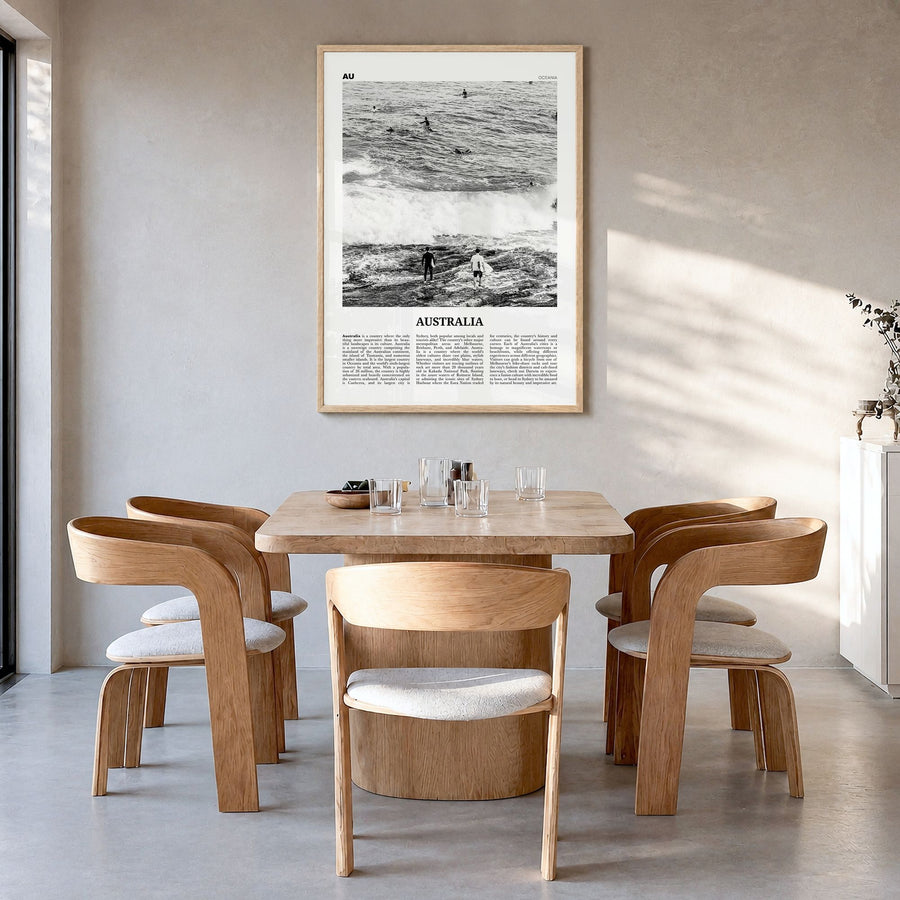 Australia Newspaper No 1 Poster in a natural wood frame, hanging in a dining room