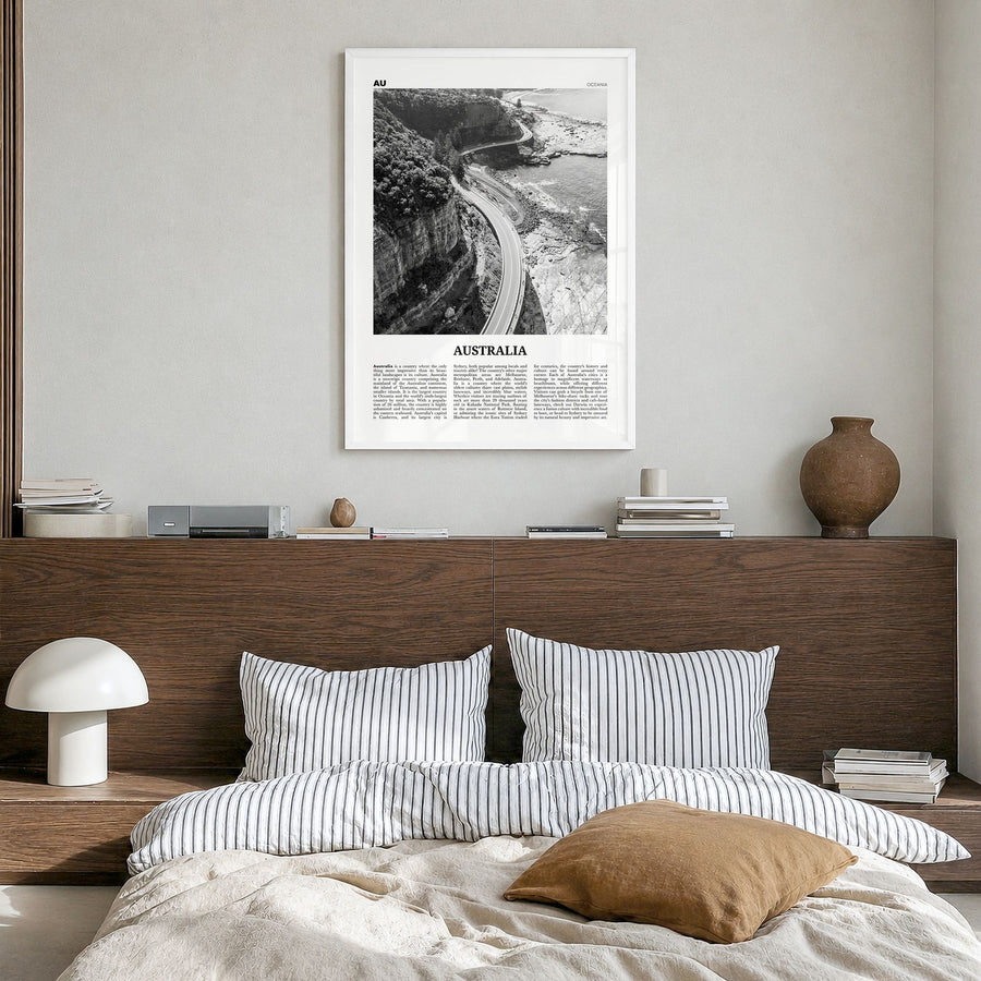 Australia Newspaper No 3 Poster in a white wood frame, hanging in a bedroom