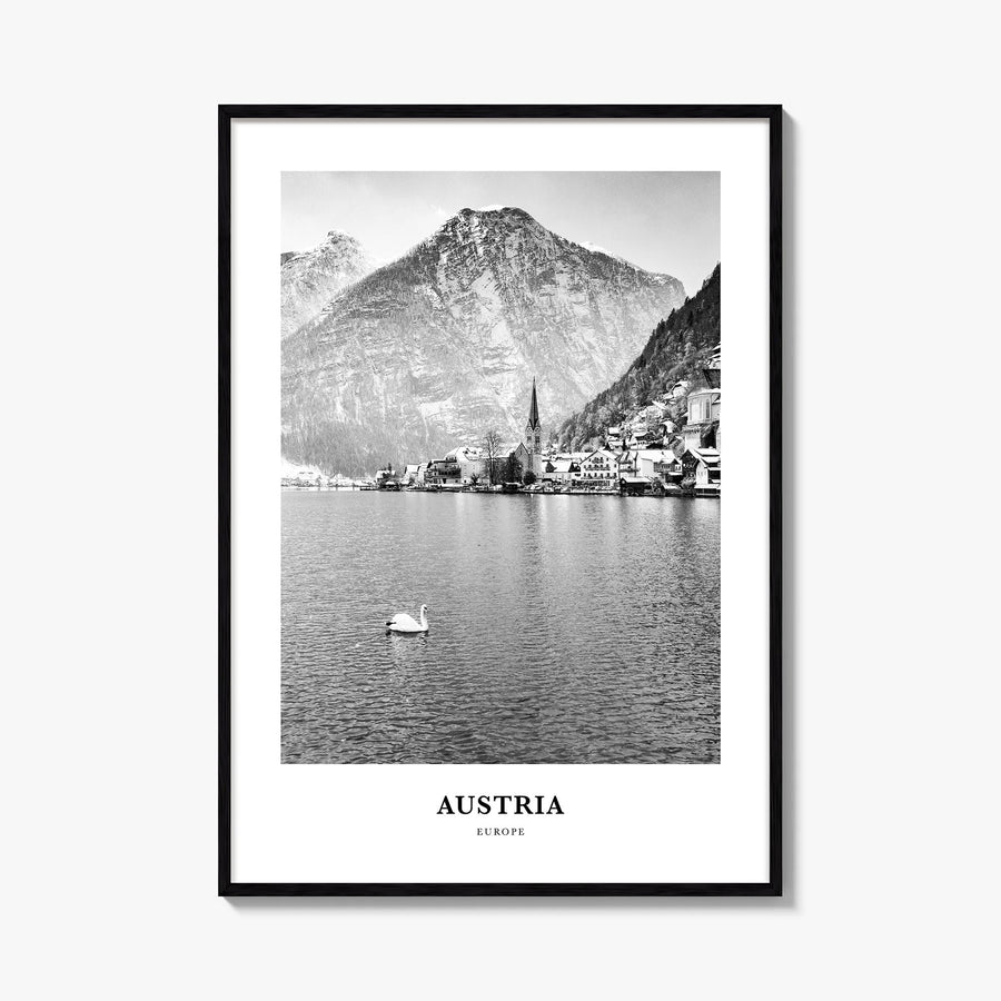 Austria black & white classic poster of Europe – vertical wall art, unframed print shown in interior mockup