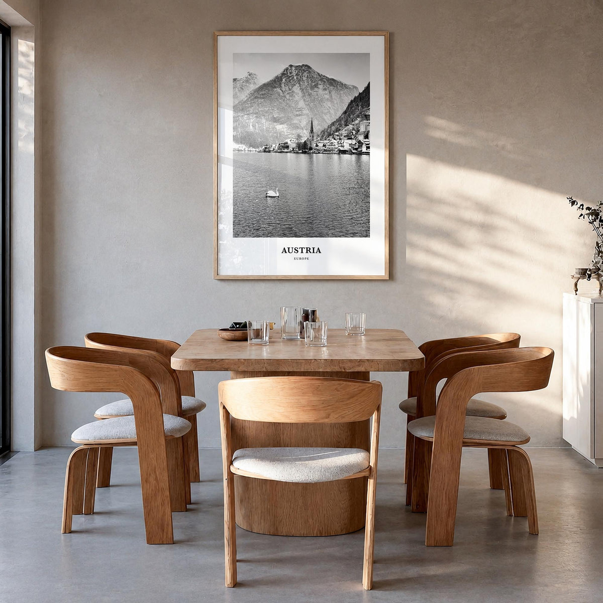 Austria black & white classic poster of Europe – vertical wall art in natural wood frame, hanging on wall