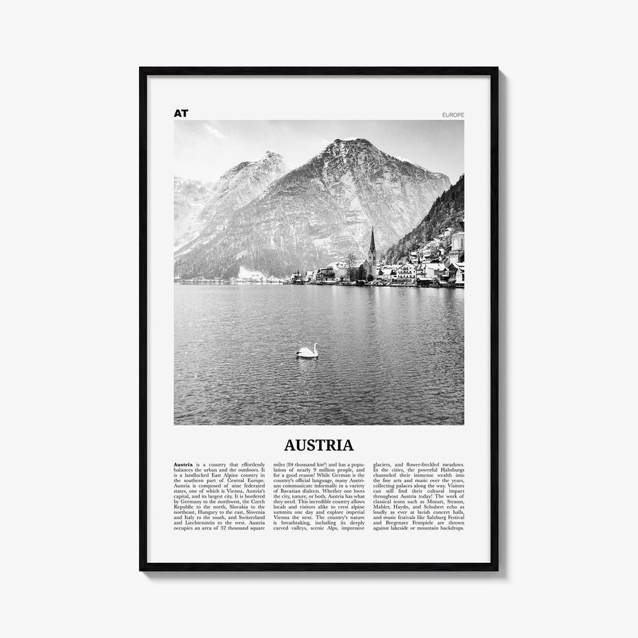 Austria black & white newspaper poster of Europe – vertical wall art, unframed print shown in interior mockup