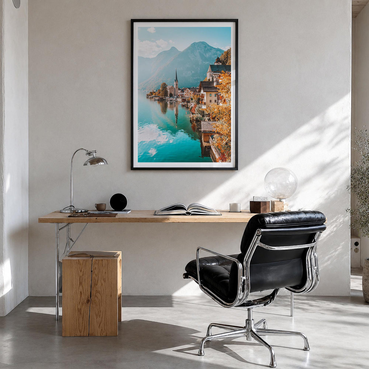 Austria colorful photo poster of Europe – vertical wall art in black wood frame with white border, hanging on wall