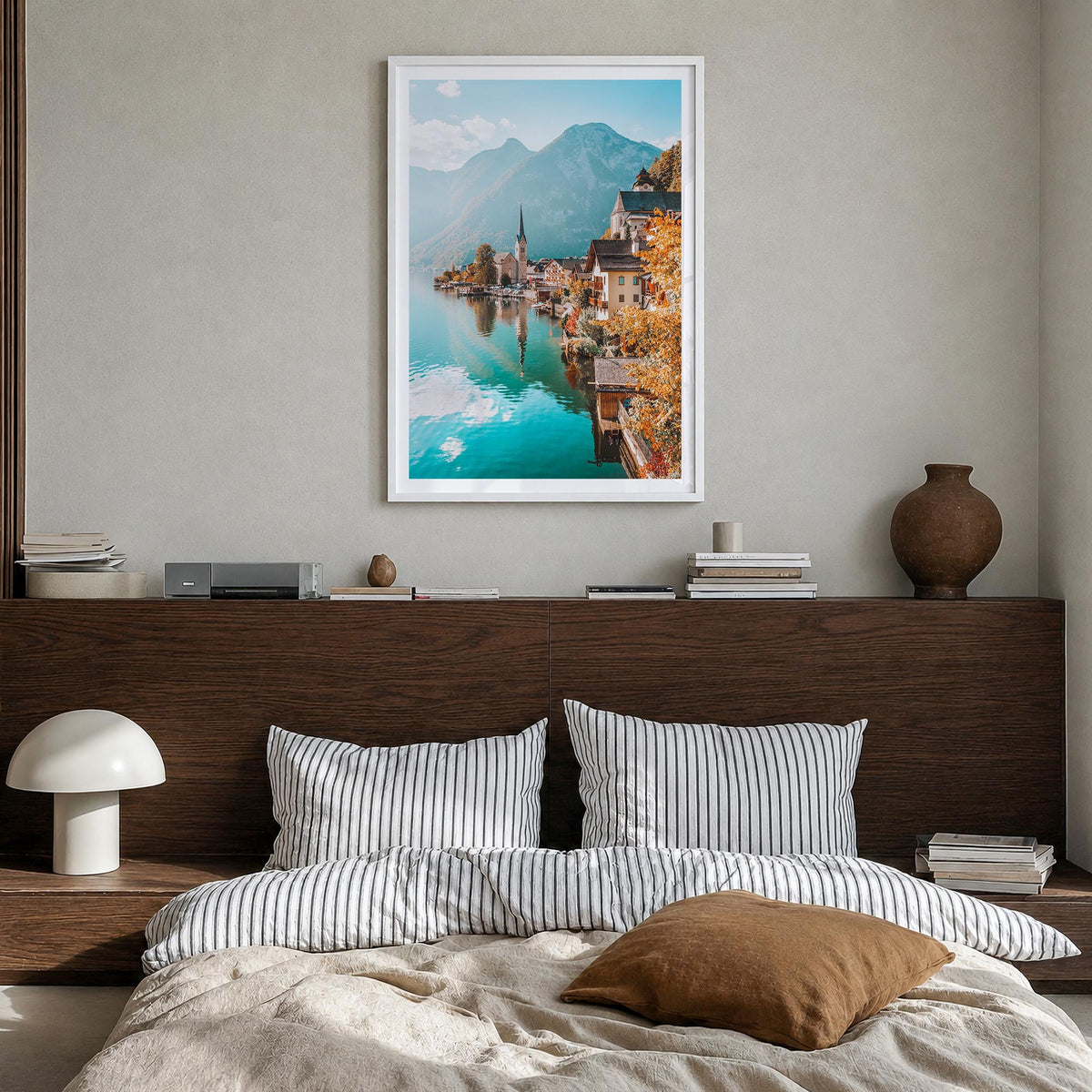 Austria colorful photo poster of Europe – vertical wall art in white wood frame with white border, hanging on wall