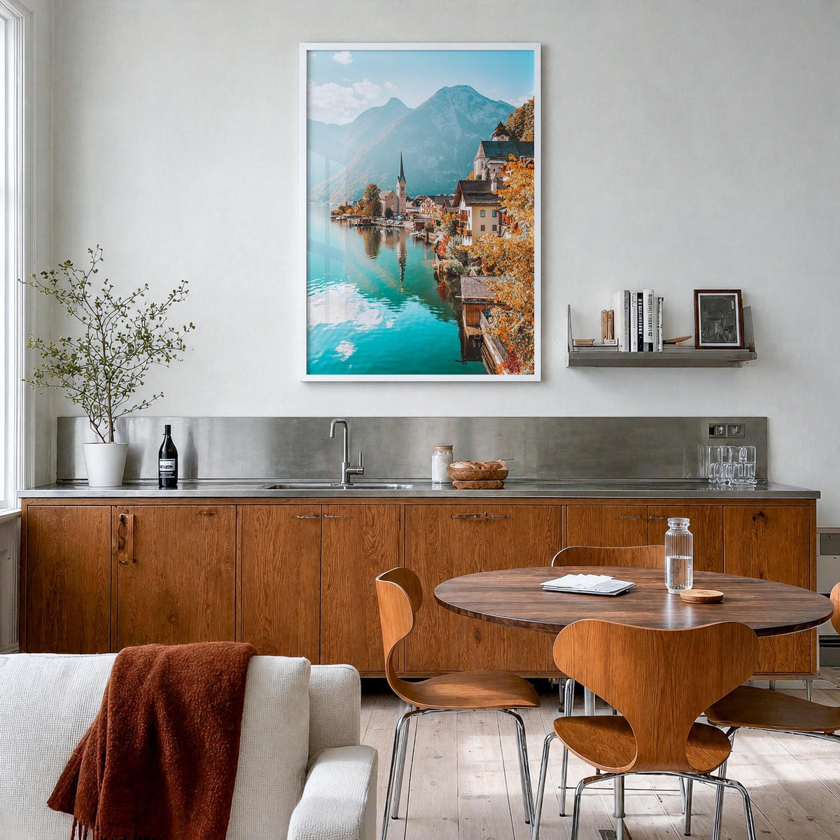 Austria colorful photo poster of Europe – vertical wall art in white wood frame, hanging on wall