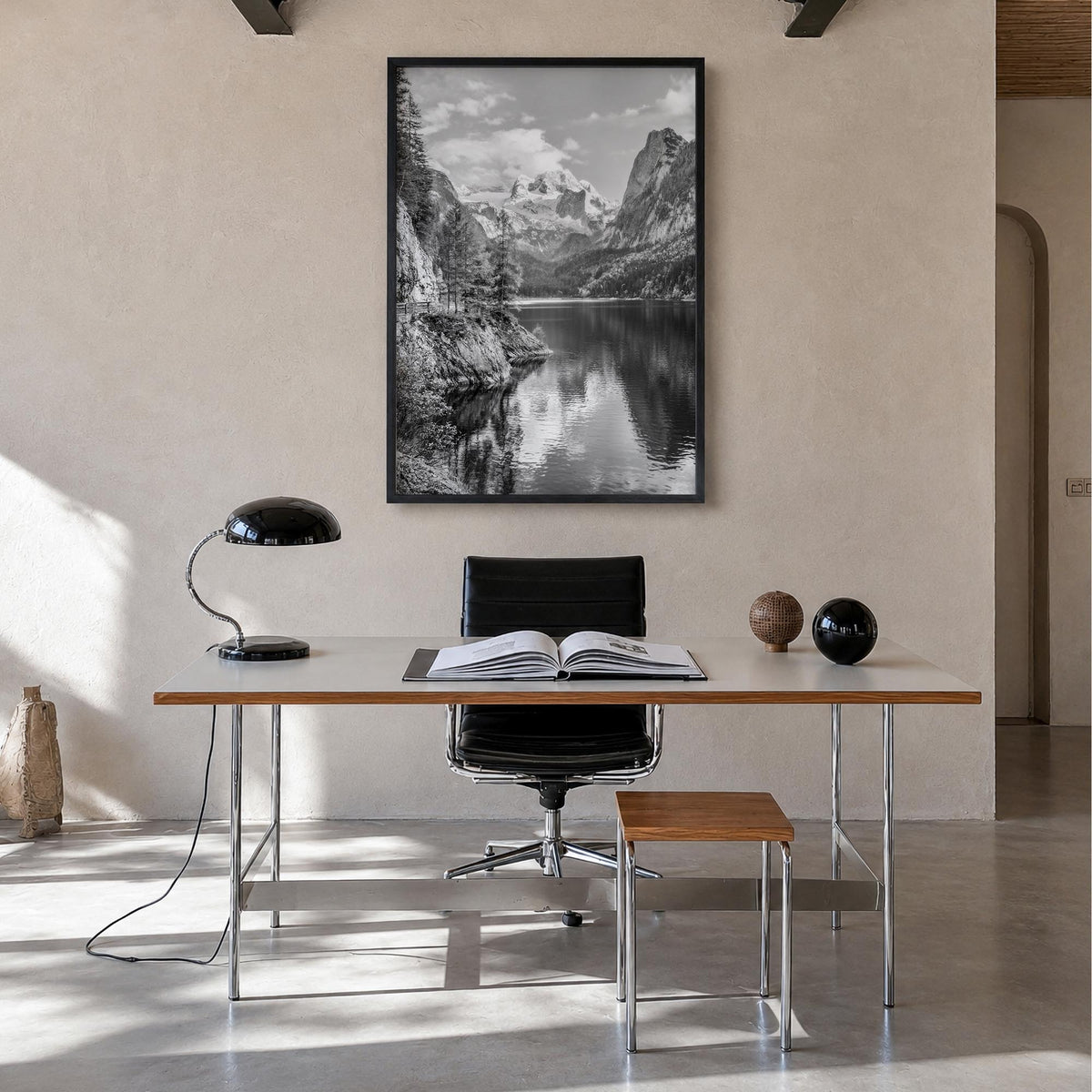 Austria no. 2 black & white photo poster of Europe – vertical wall art in black wood frame, hanging on wall