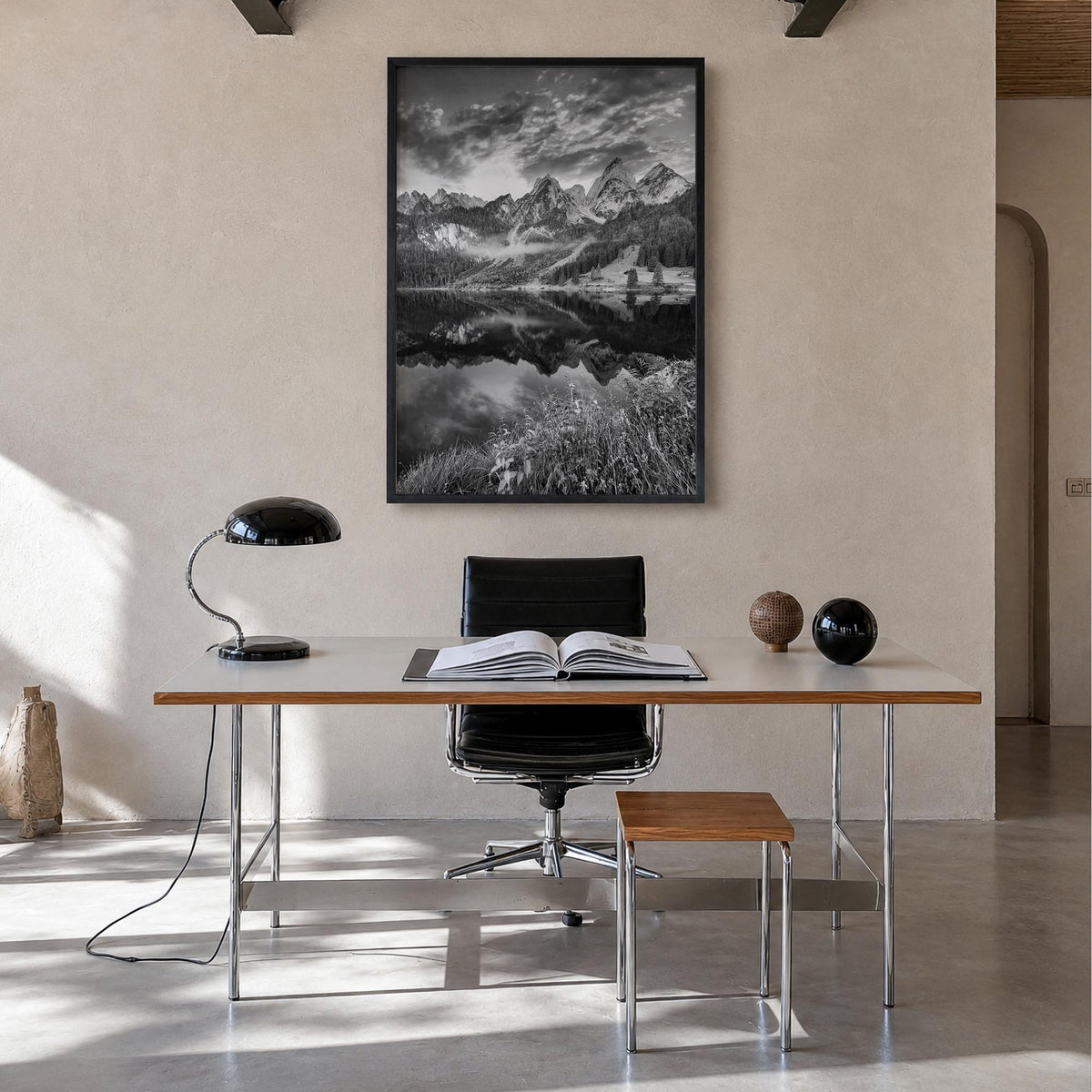Austria no. 1 black & white photo poster of Europe – vertical wall art in black wood frame, hanging on wall