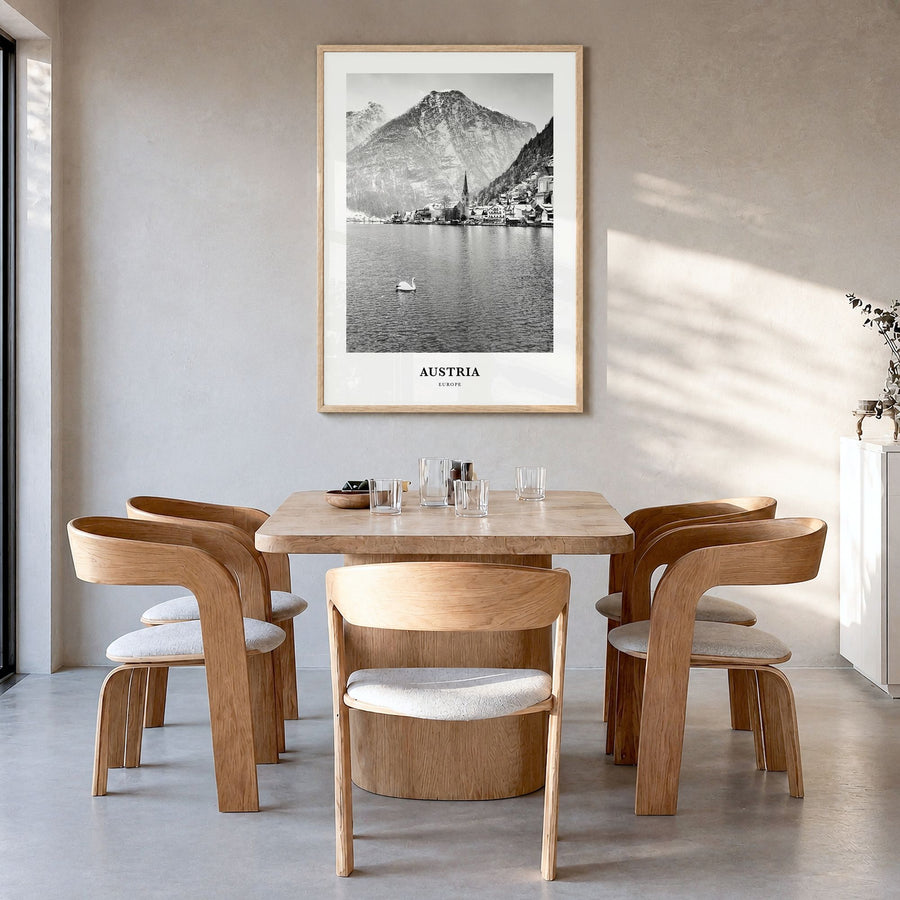 Austria Classic Poster in a natural wood frame, hanging in a dining room
