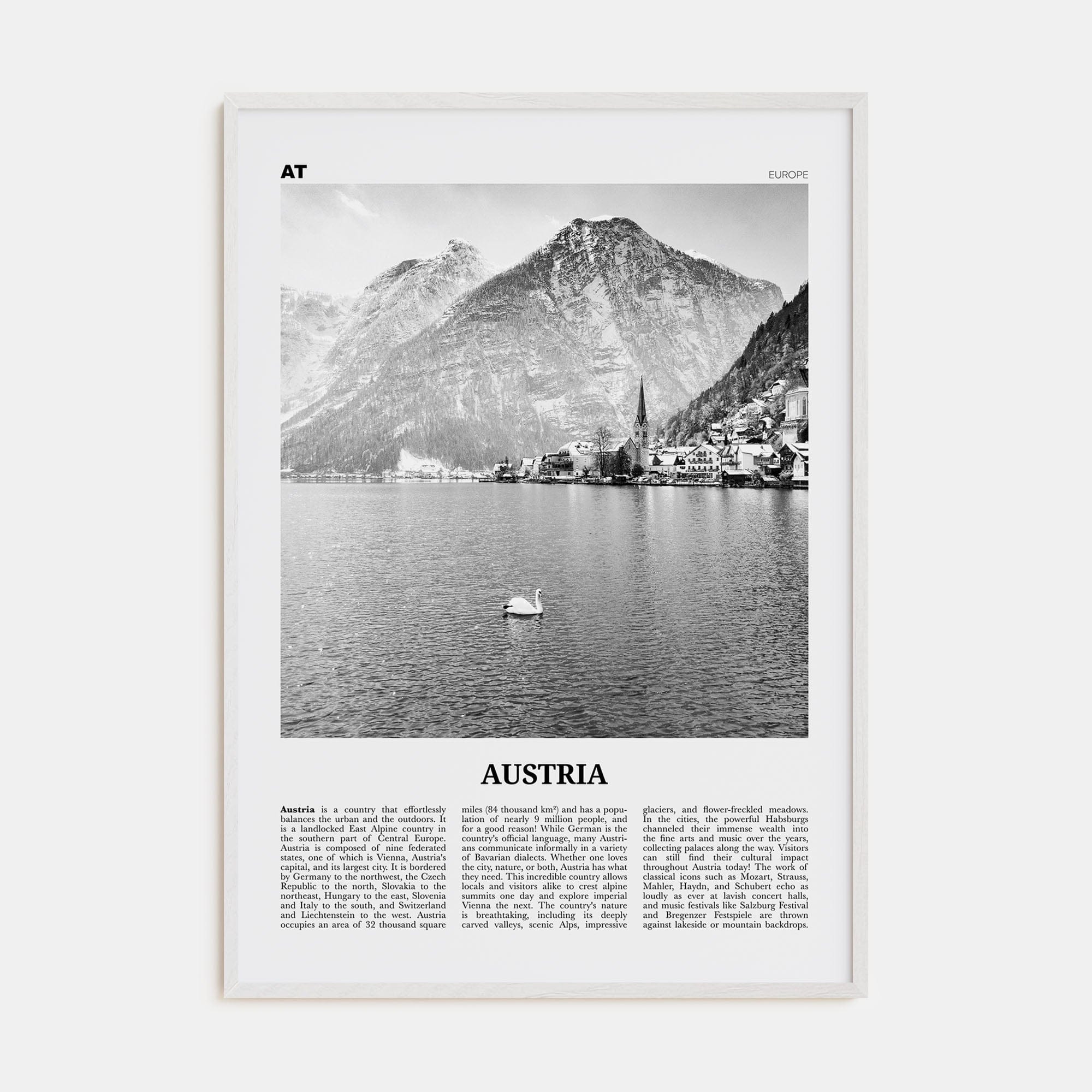 Austria Poster White Wood / 8x12 in Nbourhood Travel B&W Poster