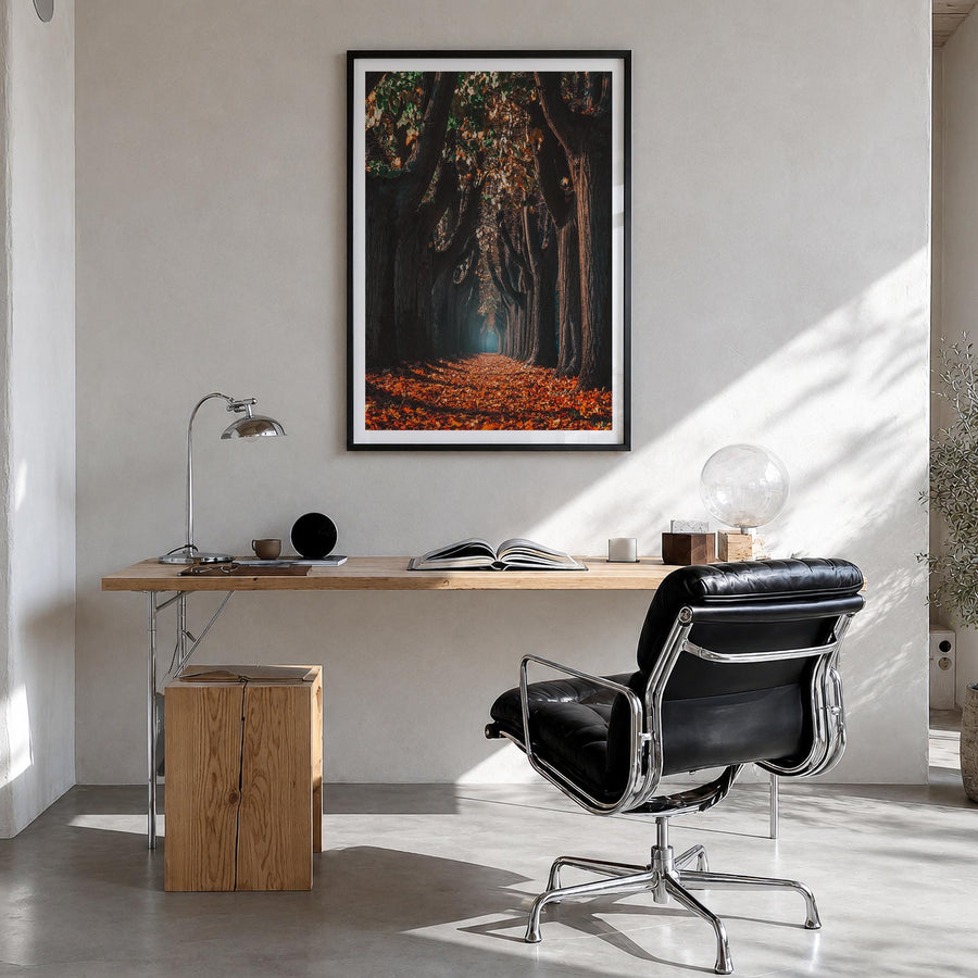 Autumn Morning Walk colorful photo poster – vertical wall art in black wood frame with white border, hanging on wall