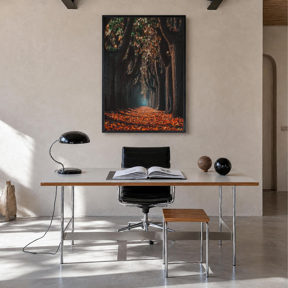 Autumn Morning Walk colorful photo poster – vertical wall art in black wood frame, hanging on wall