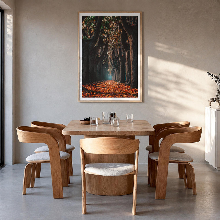 Autumn Morning Walk colorful photo poster – vertical wall art in natural wood frame with white border, hanging on wall