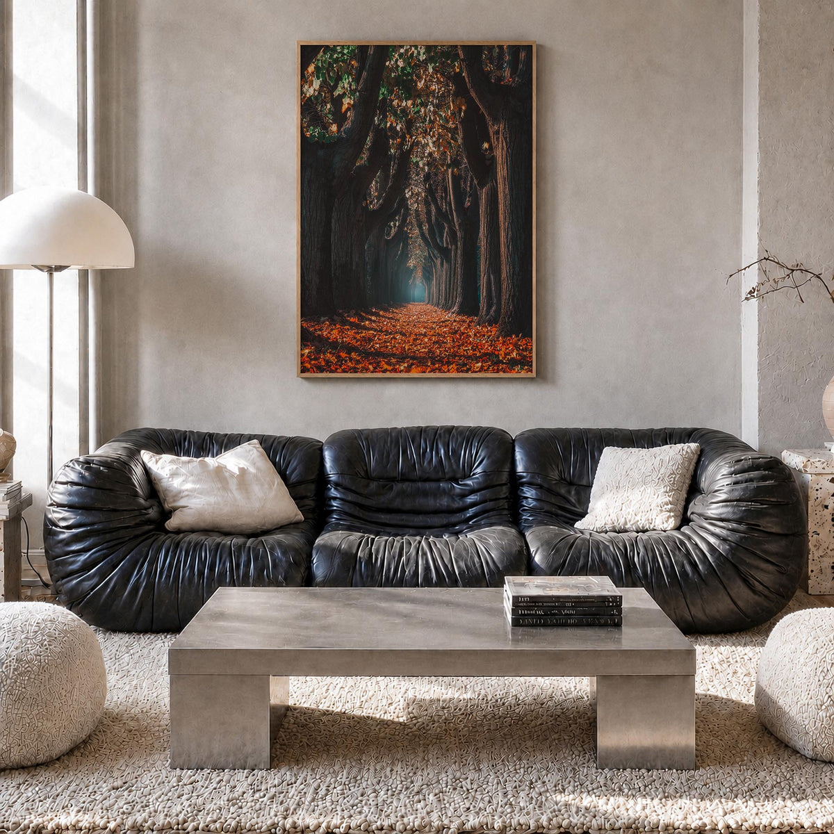 Autumn Morning Walk colorful photo poster – vertical wall art in natural wood frame, hanging on wall