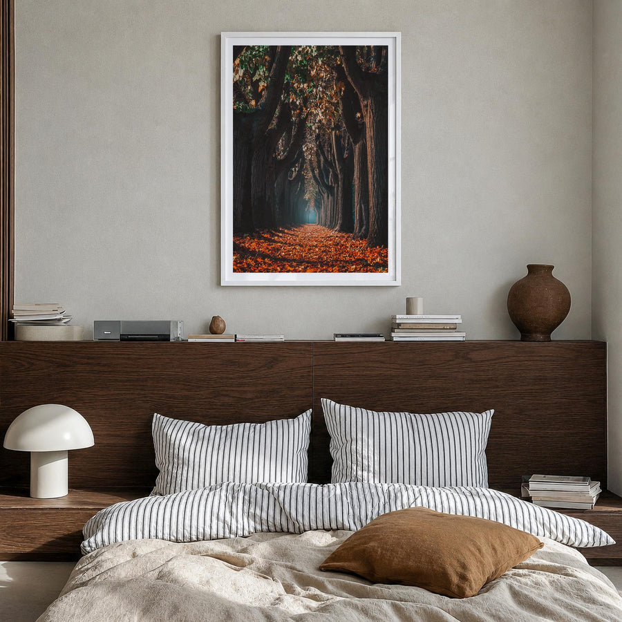 Autumn Morning Walk colorful photo poster – vertical wall art in white wood frame with white border, hanging on wall