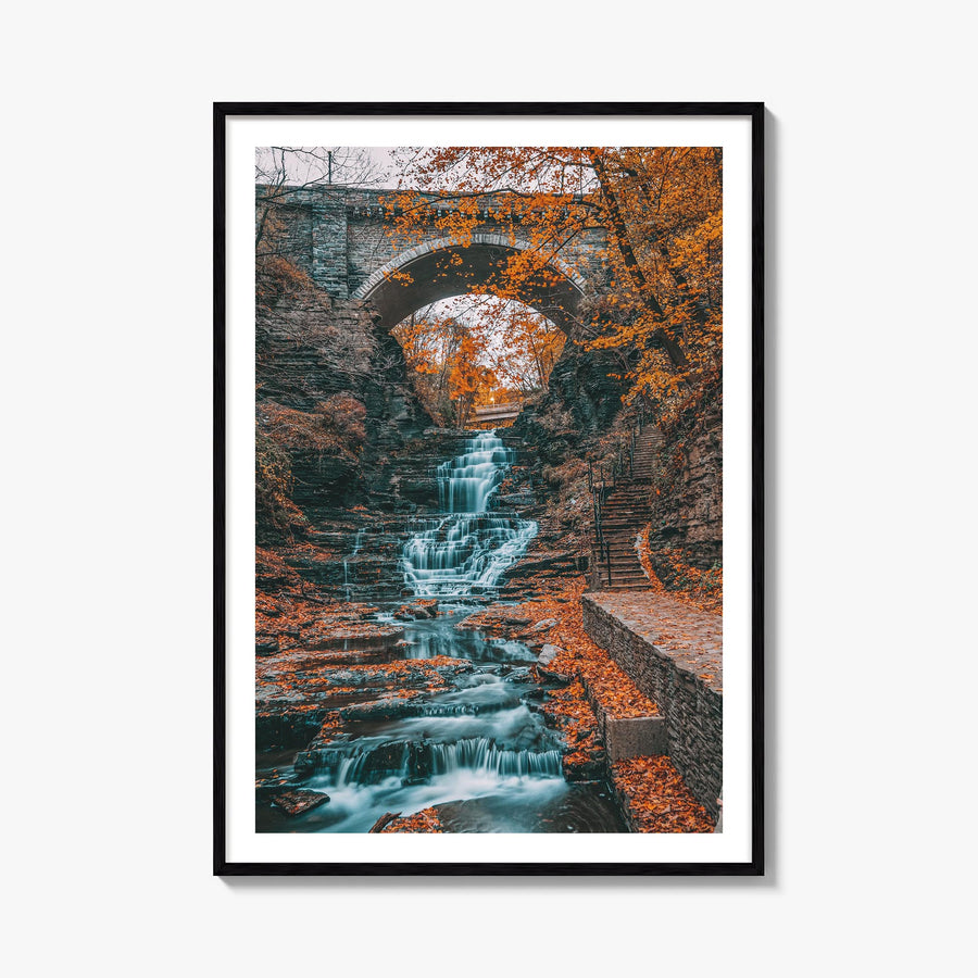 Autumn Waterfall no. 1 colorful photo poster – vertical wall art, unframed print shown in interior mockup