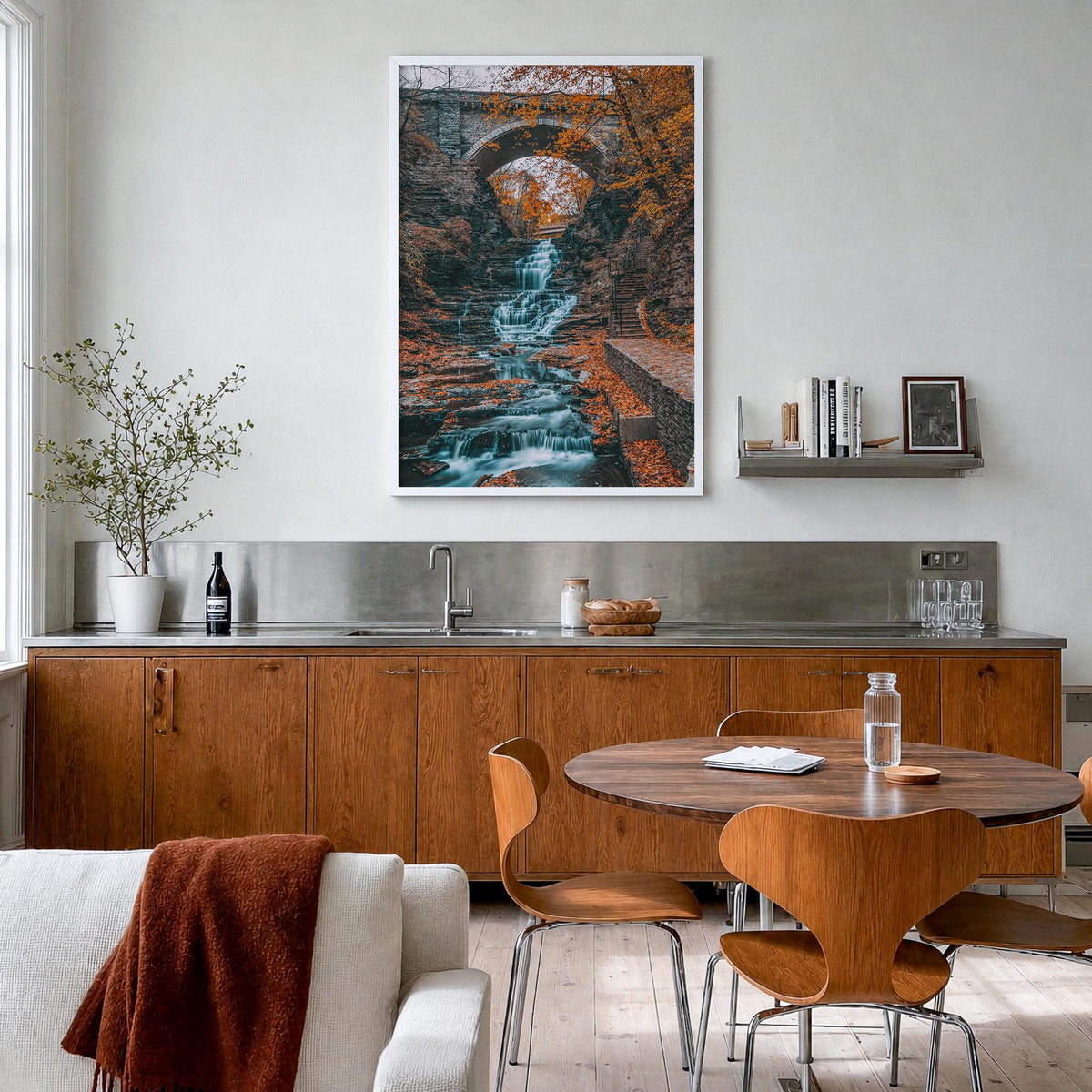 Autumn Waterfall no. 1 colorful photo poster – vertical wall art in white wood frame, hanging on wall