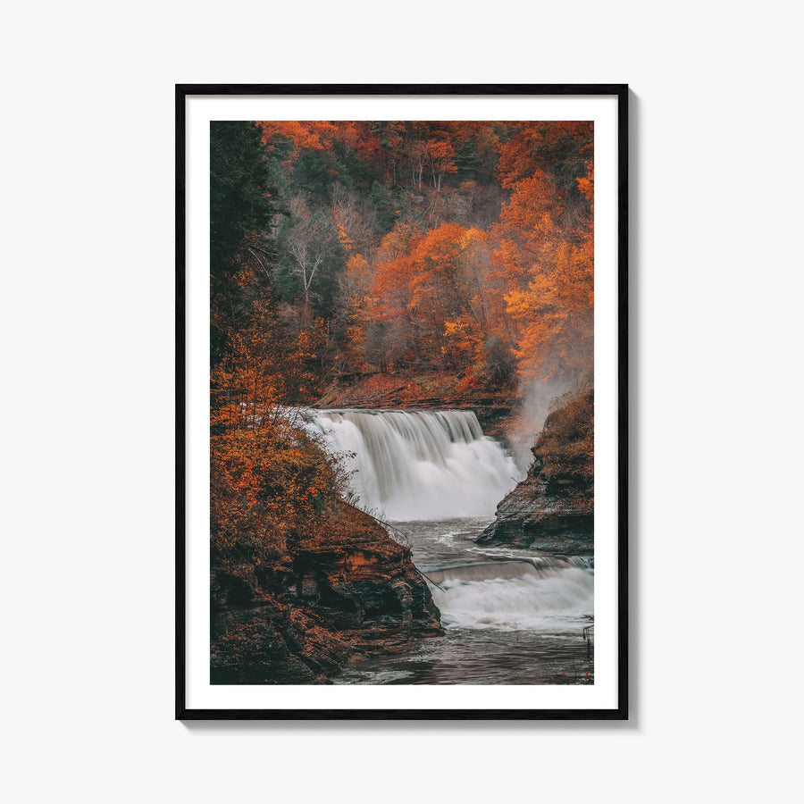 Autumn Waterfall no. 2 colorful photo poster – vertical wall art, unframed print shown in interior mockup