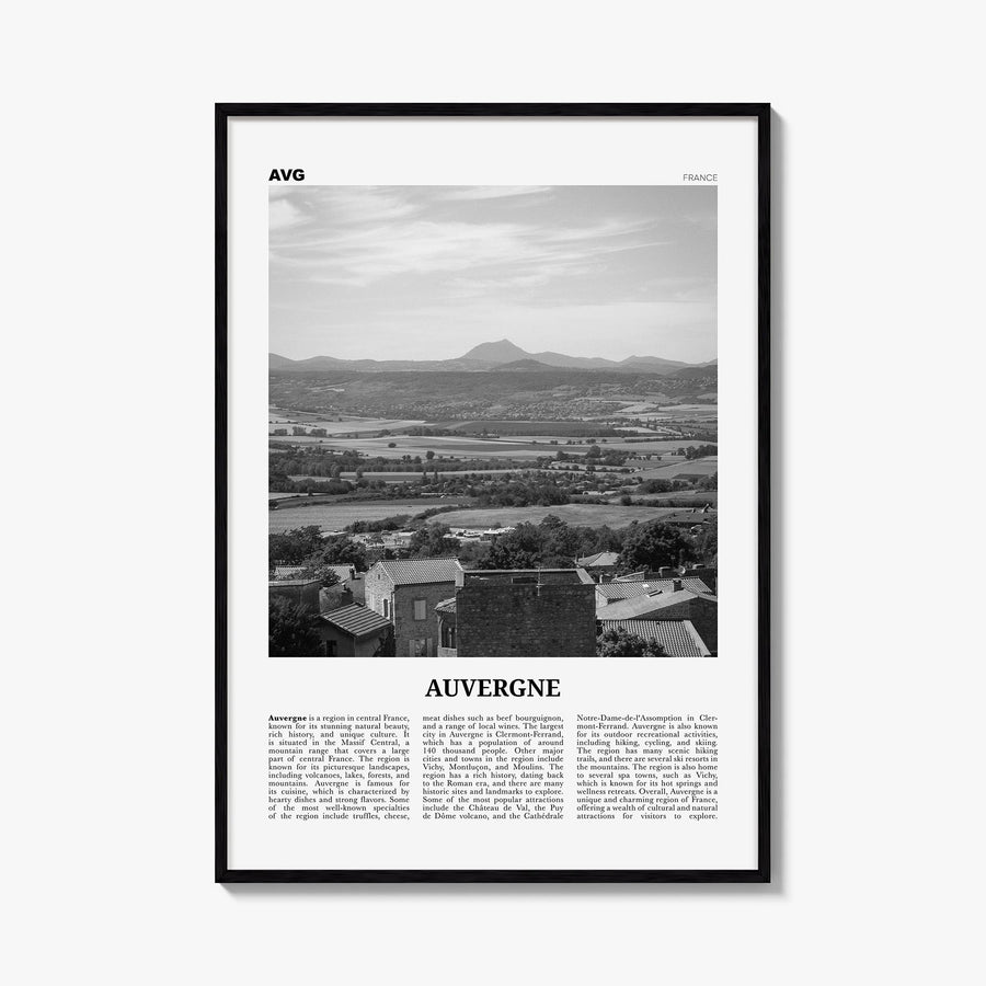 Auvergne black & white newspaper poster of France – vertical wall art, unframed print shown in interior mockup