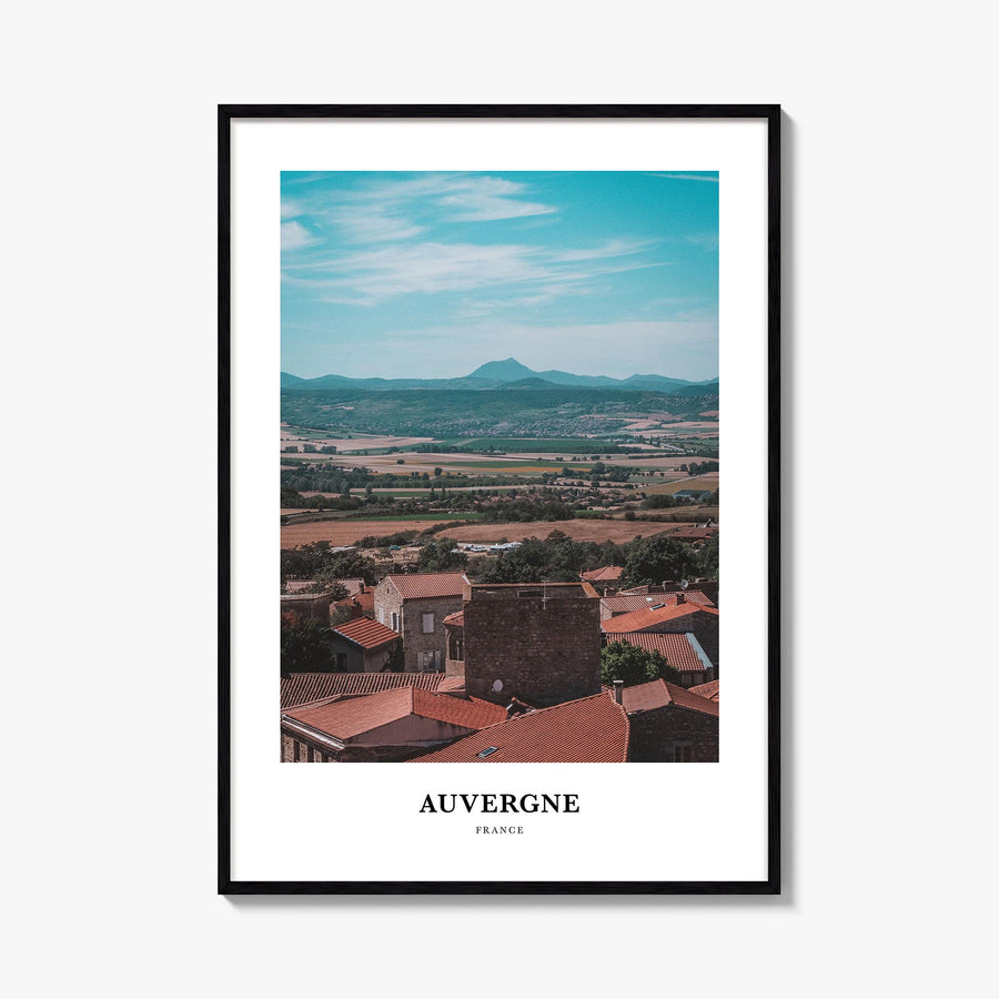 Auvergne colorful classic poster of France – vertical wall art, unframed print shown in interior mockup