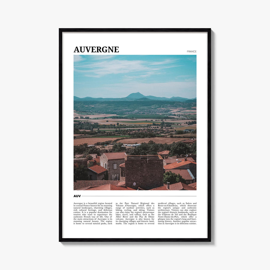 Auvergne colorful travel poster of France – vertical wall art, unframed print shown in interior mockup