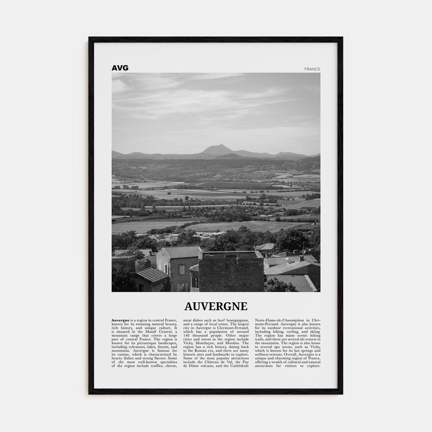 Auvergne Poster Black Wood / 8x12 in Nbourhood Travel B&W Poster