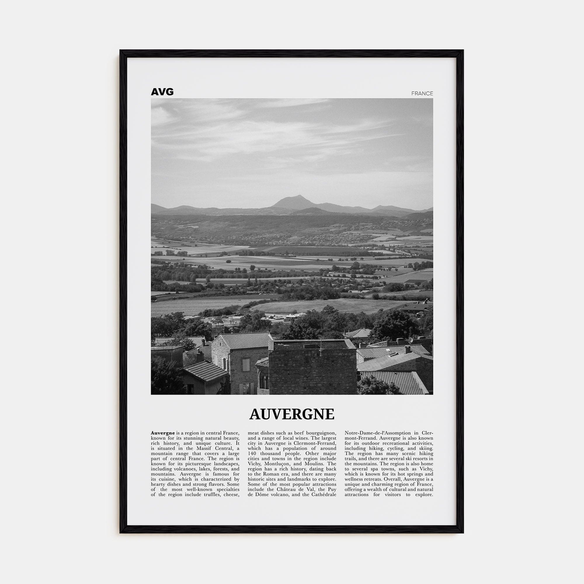 Auvergne Poster Black Wood / 8x12 in Nbourhood Travel B&W Poster