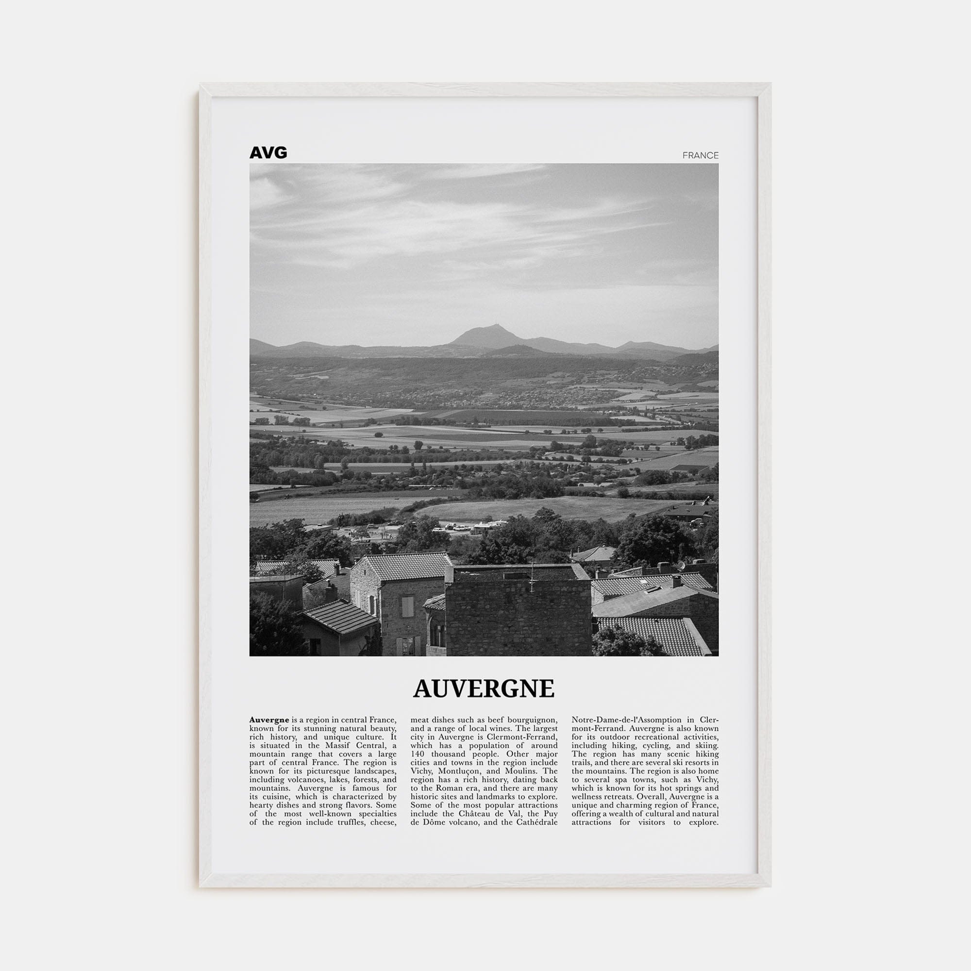 Auvergne Poster White Wood / 8x12 in Nbourhood Travel B&W Poster