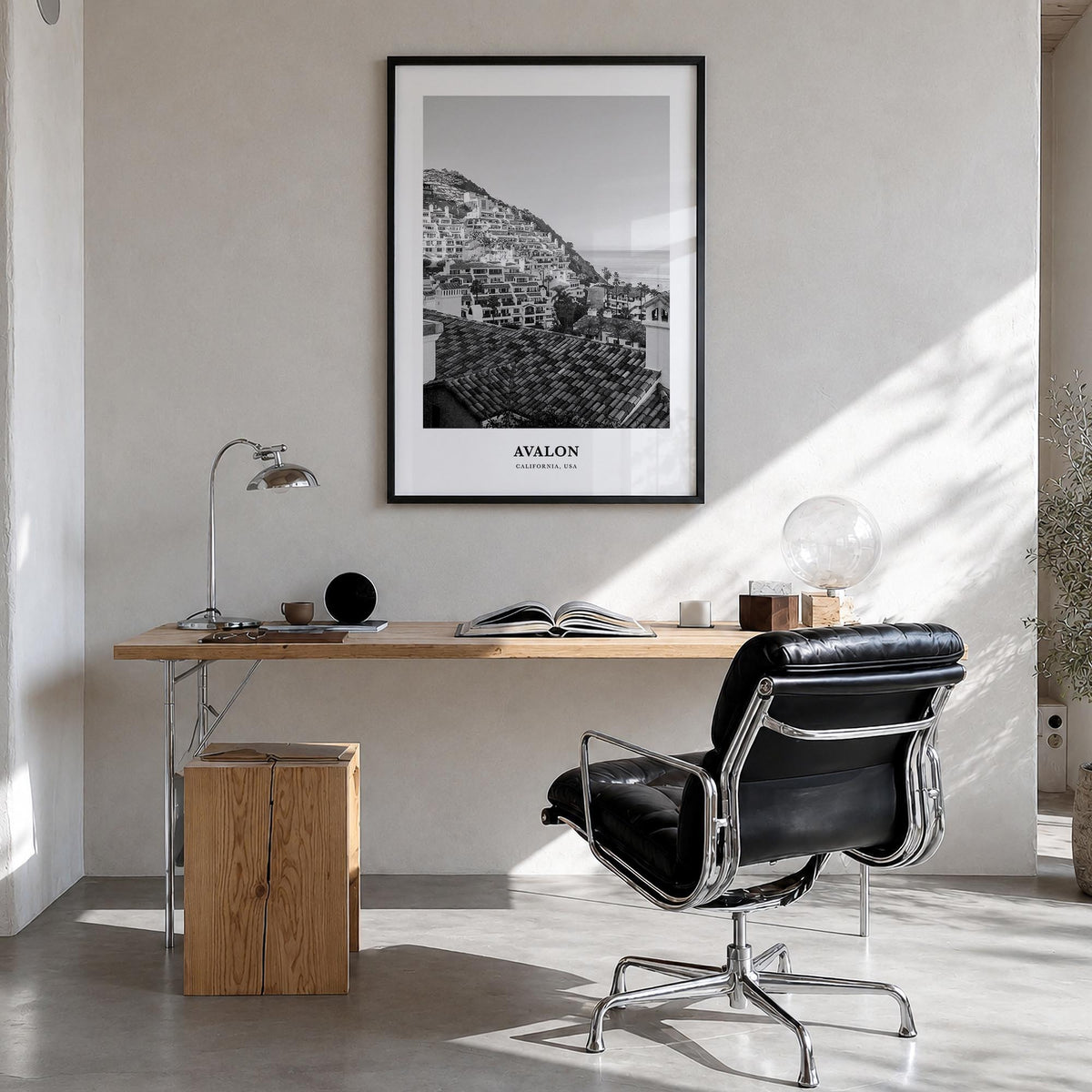 Avalon, California black & white classic poster of California, USA – vertical wall art in black wood frame, hanging on wall