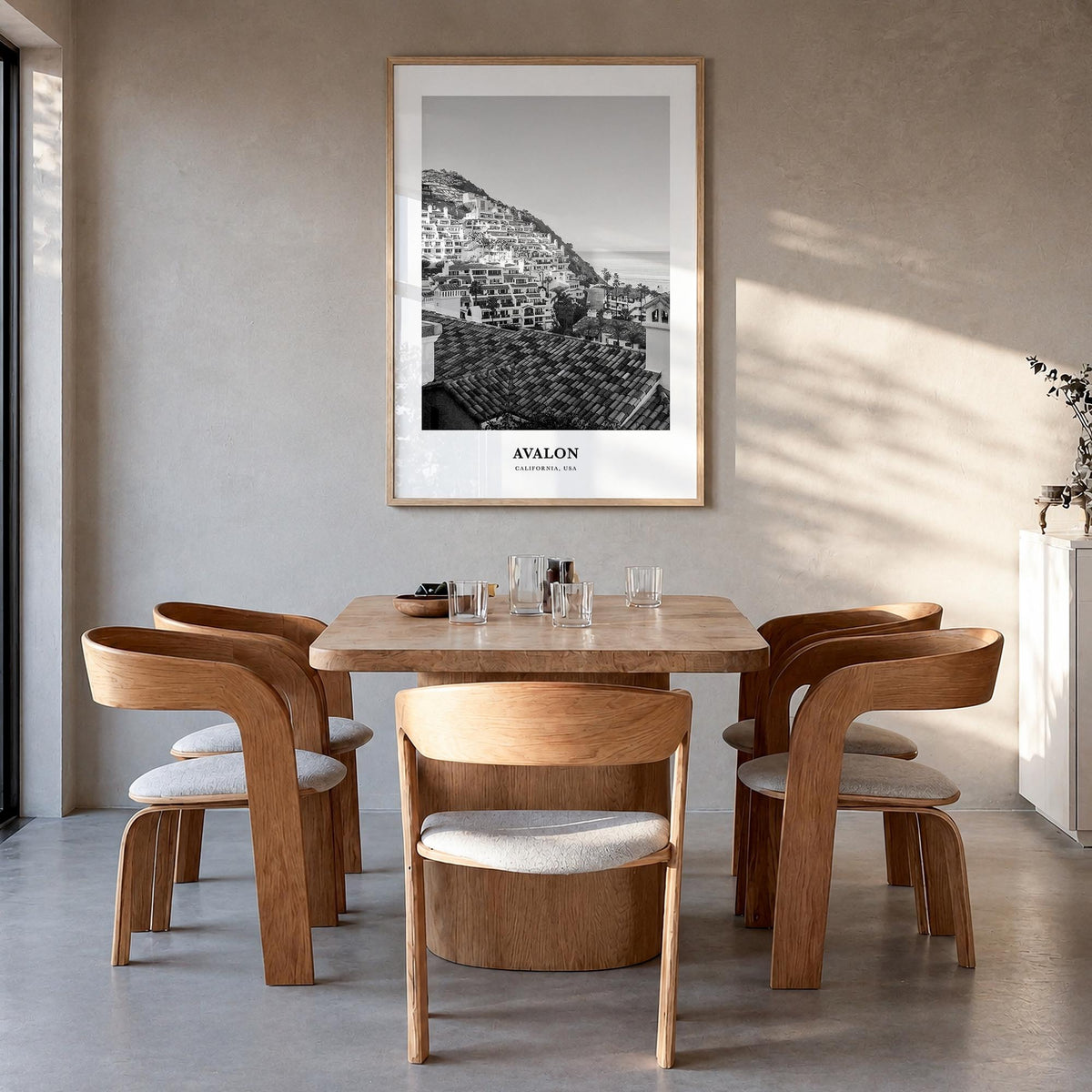 Avalon, California black & white classic poster of California, USA – vertical wall art in natural wood frame, hanging on wall