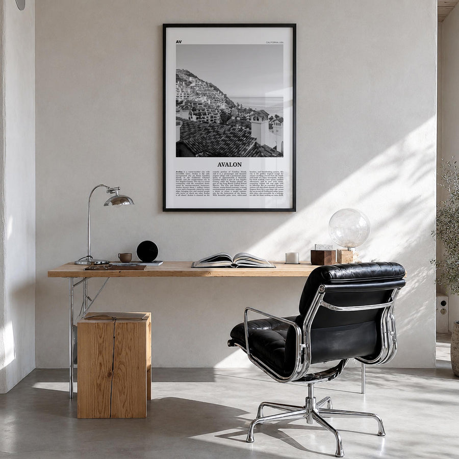 Avalon, California black & white newspaper poster of California, USA – vertical wall art in black wood frame, hanging on wall