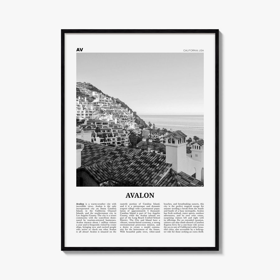 Avalon, California black & white newspaper poster of California, USA – vertical wall art, unframed print shown in interior mo