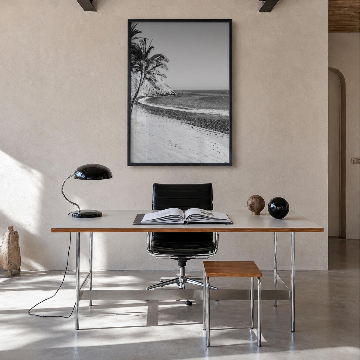 Avalon, California black & white photo poster of California, USA – vertical wall art in black wood frame, hanging on wall