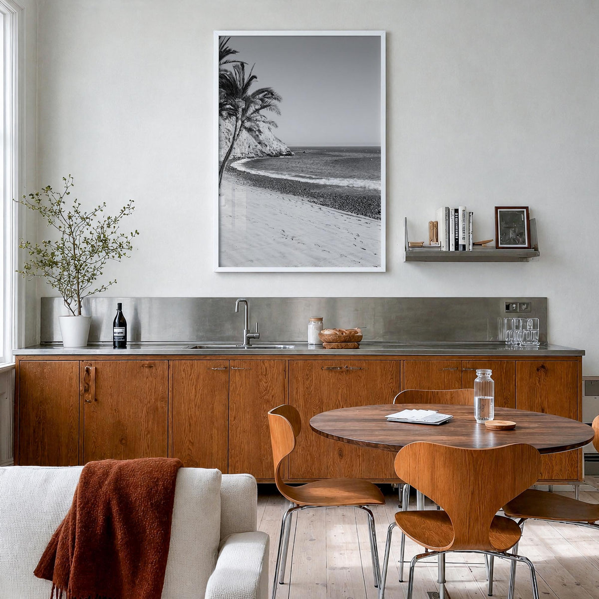 Avalon, California black & white photo poster of California, USA – vertical wall art in white wood frame, hanging on wall
