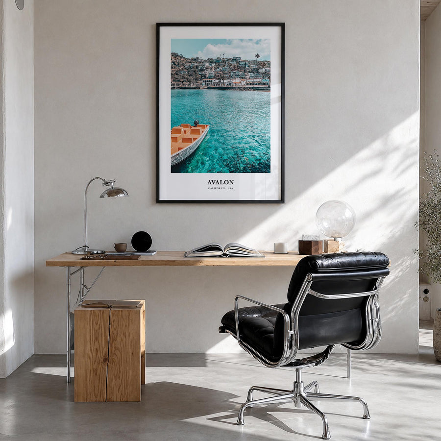 Avalon, California colorful classic poster of California, USA – vertical wall art in black wood frame, hanging on wall