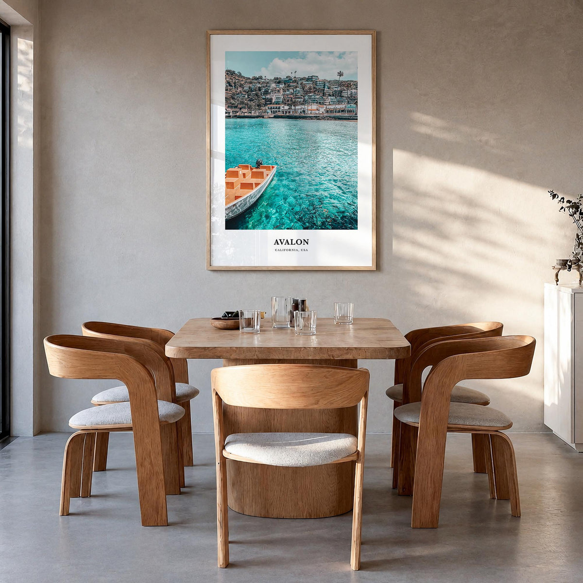 Avalon, California colorful classic poster of California, USA – vertical wall art in natural wood frame, hanging on wall