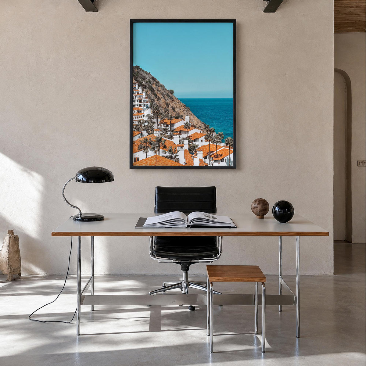 Avalon, California colorful photo poster of California, USA – vertical wall art in black wood frame, hanging on wall